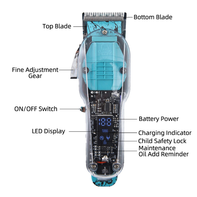 PearlMax Custom Rechargeable Man Hair Cutting Machine Transparent Hair Clipper Trimmer with LCD Display