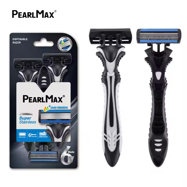 PearlMax New Six Blade Shavers for Men Body and Face Shaving Razors with Lubricant Strip and Plastic Rubber Handle