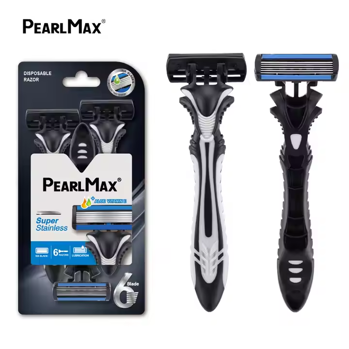PearlMax New Six Blade Shavers for Men Body and Face Shaving Razors with Lubricant Strip and Plastic Rubber Handle