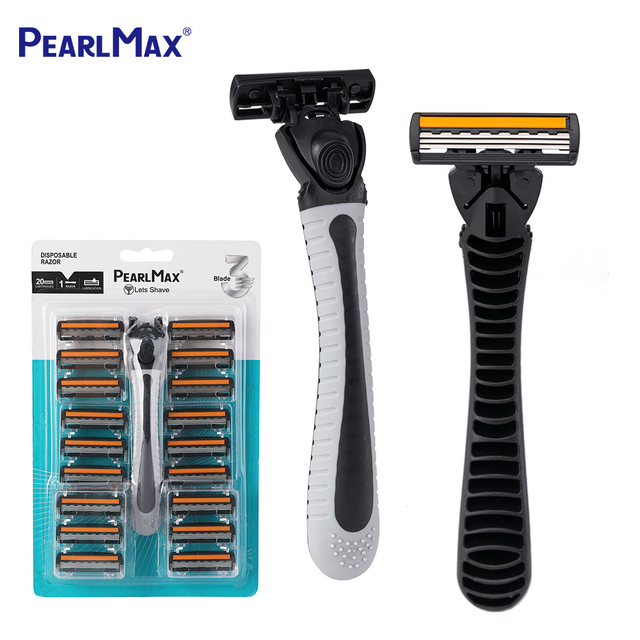 Pearlmax Factory Triple Blade Stainless Steel Blade Razor Replaceable Head Shaver Rubber Handle Pivoted Head Razor